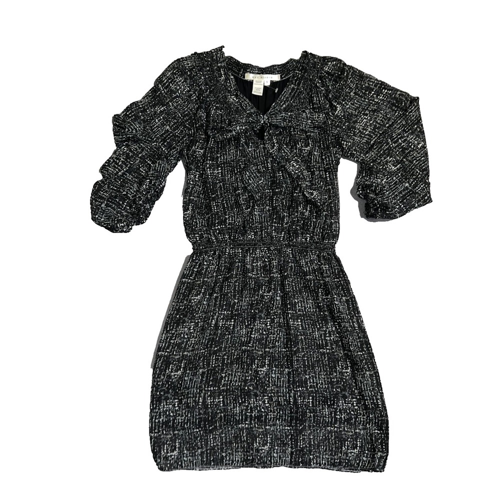 MAX STUDIO Black Silver Sheer Print Long Sleeve Elastic Waist Dress Women's Sz S - Picture 7 of 9